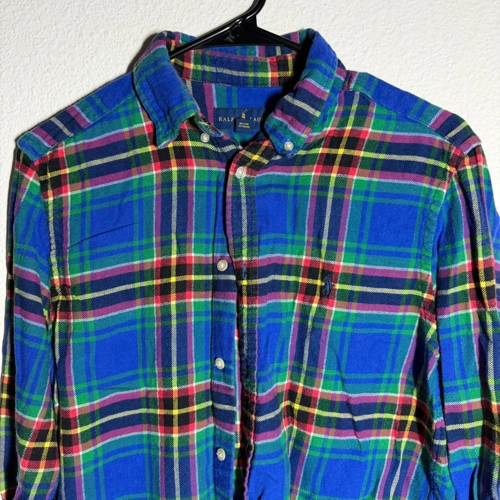 Ralph Lauren Flannel Shirt Boys  18-20 Blue Multi Plaid Pony Logo‎ Button Down